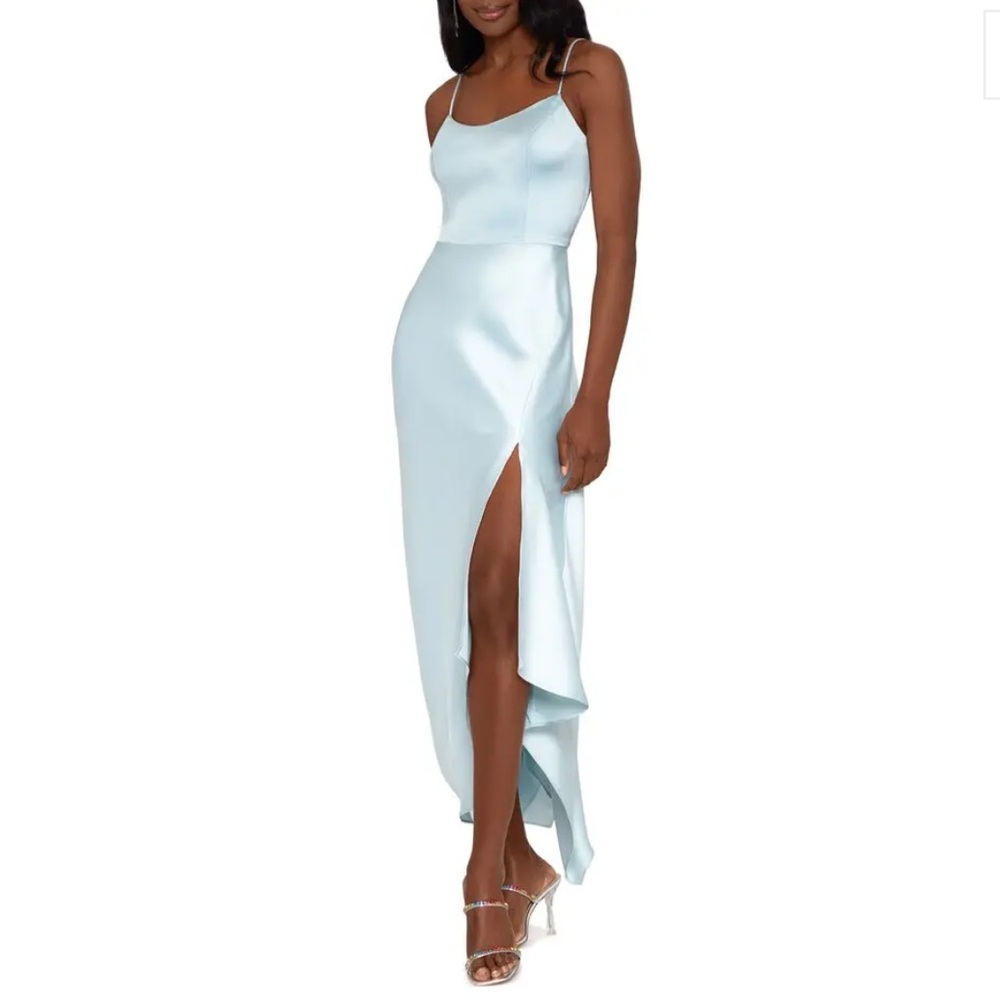 XSCAPE Handkerchief Hem Satin Spaghetti Strap Dress Gown Ice Blue Size 2 - Picture 3 of 12